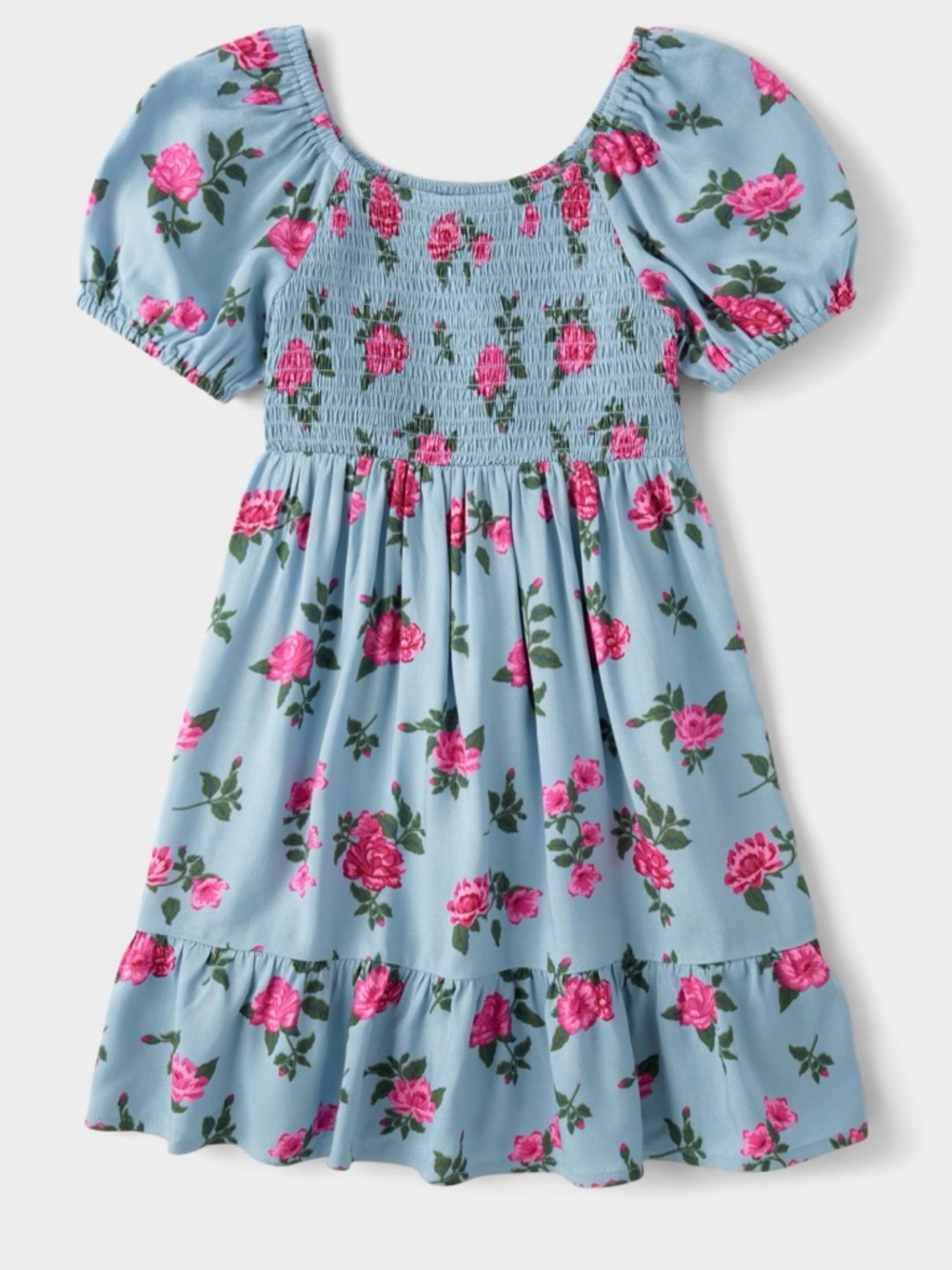 The Children's Place Dress Girls M Blue Floral Smocked Puff Sleeve Knee Sz4t